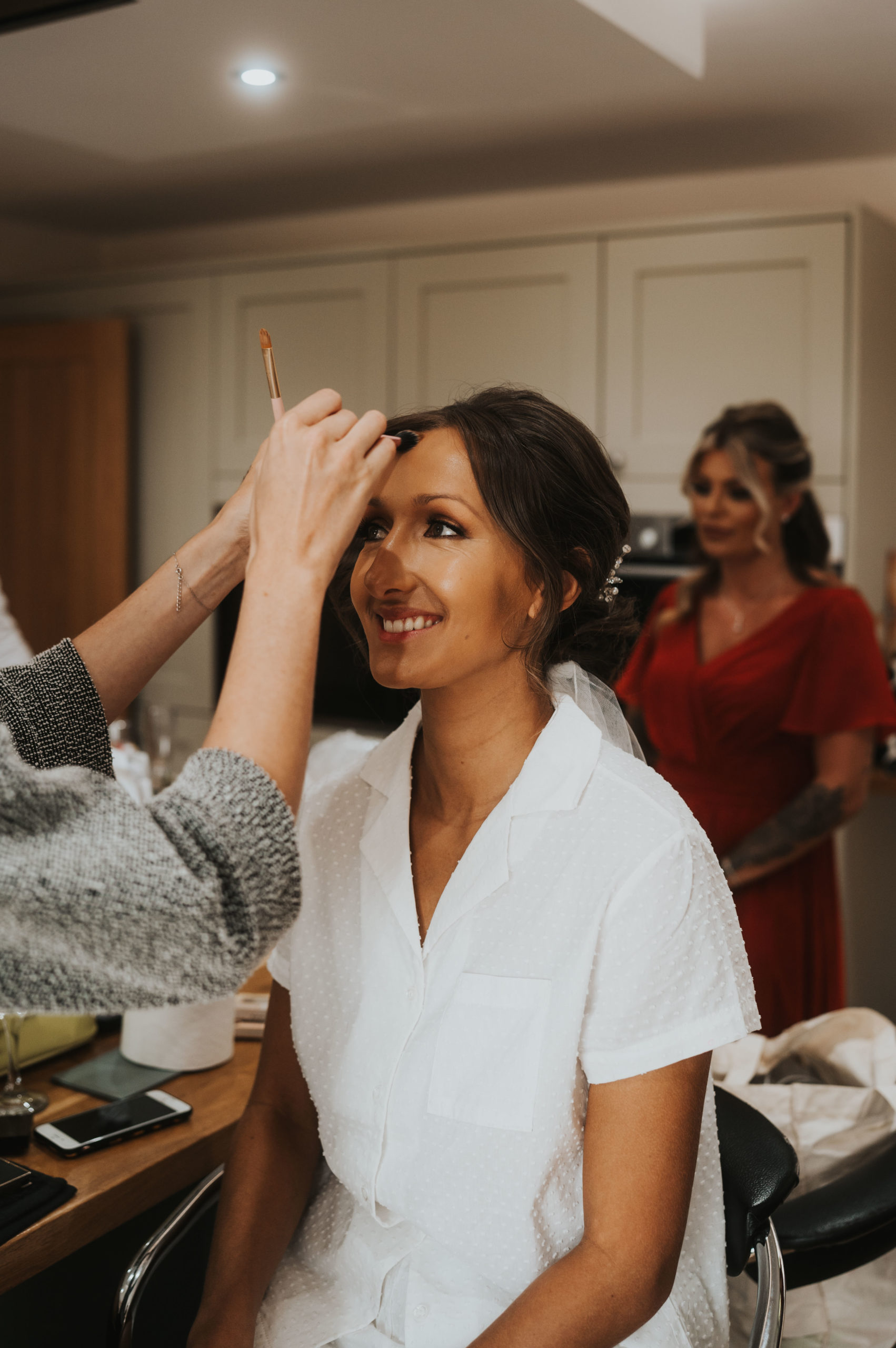 Bridal morning prep photos at home in Yorkshire with matching pjs