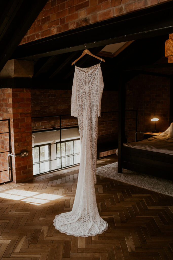Relaxed Sheffield Wedding Photographer Capturing Dress Shot at Wedding Prep At The Pumping House