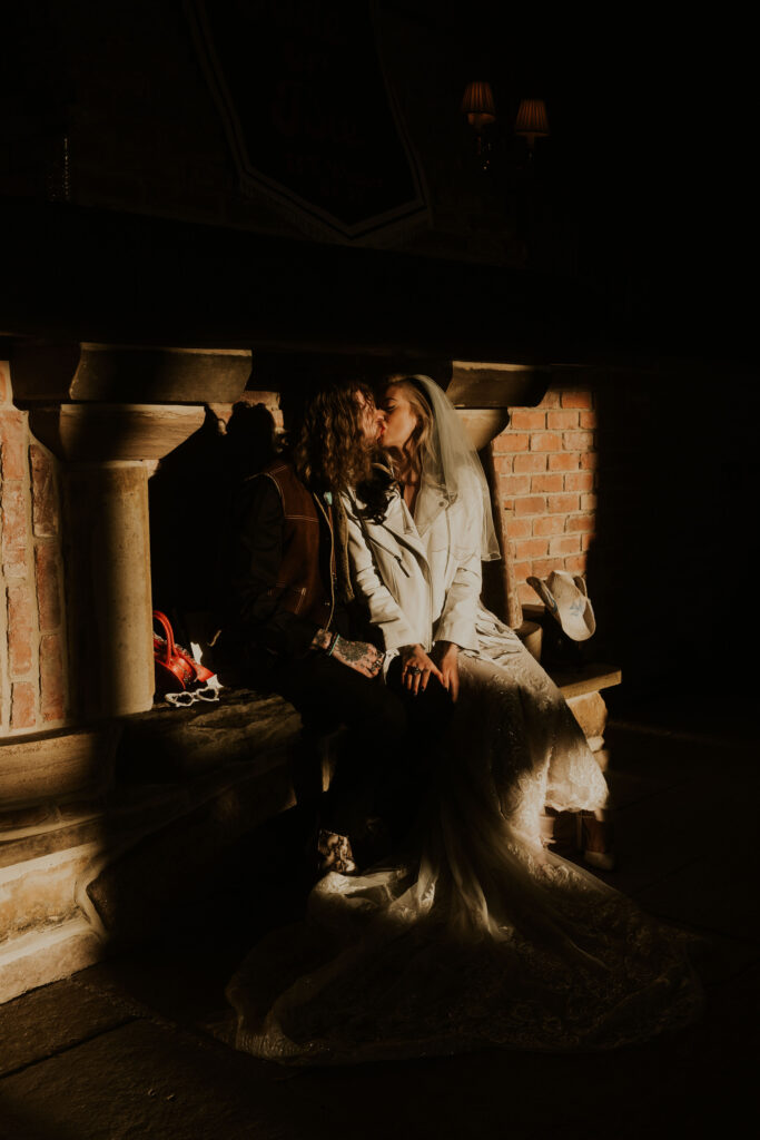 alternative cool bride and groom captured at the fireplace at willow marsh farm 