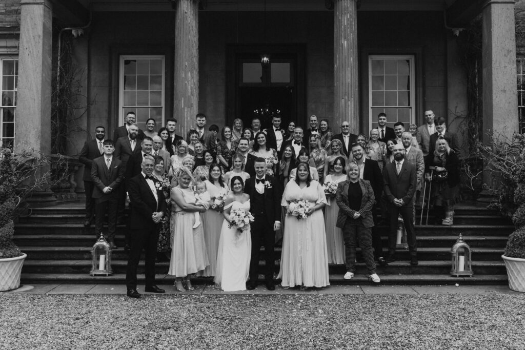 candid group photo of wedding party at davenport