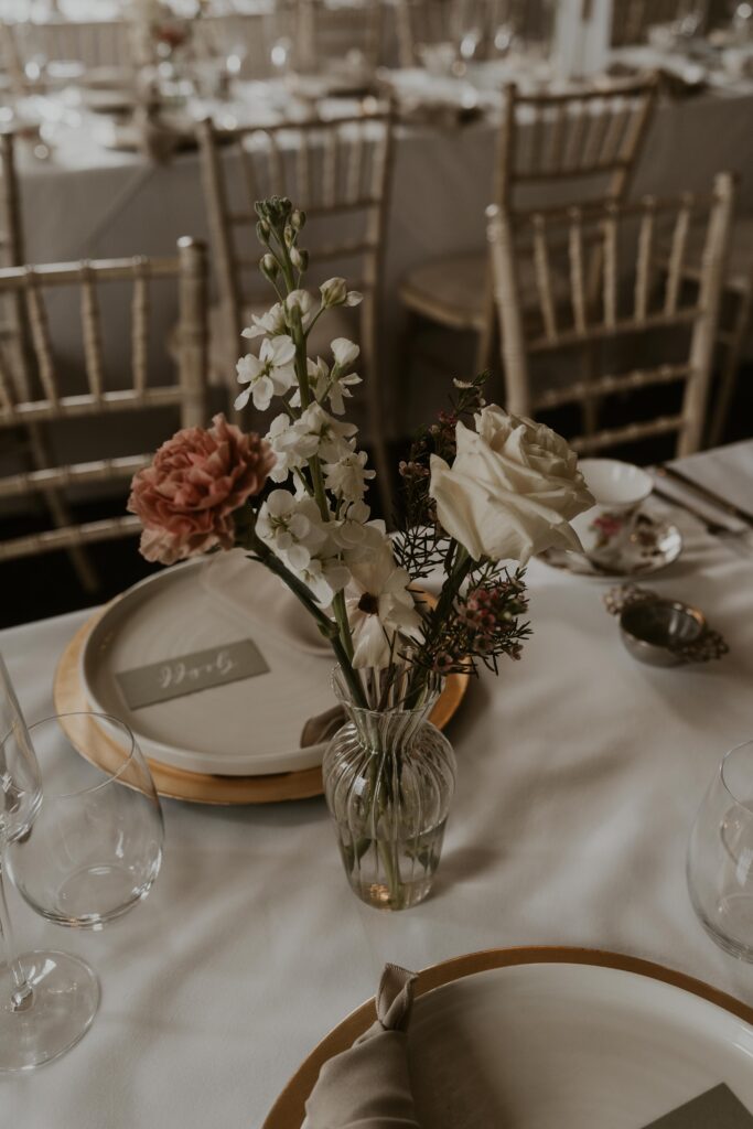 charming English wedding breakfast decor with blush pinks and neutral colour scheme at Davenport house