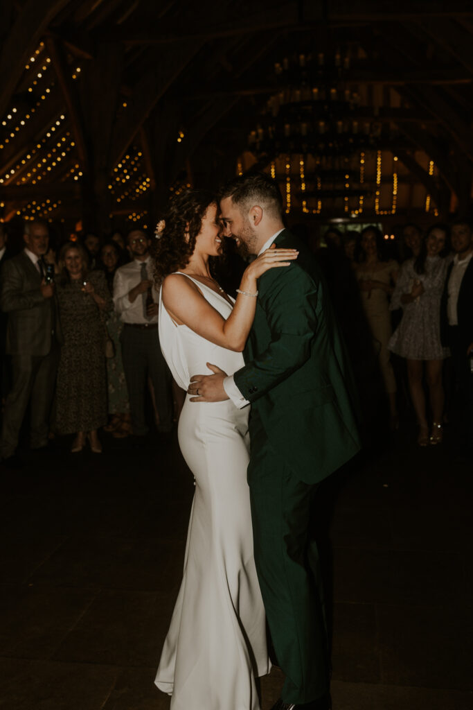 The bride and groom choreographed first dance at Tithe Barn