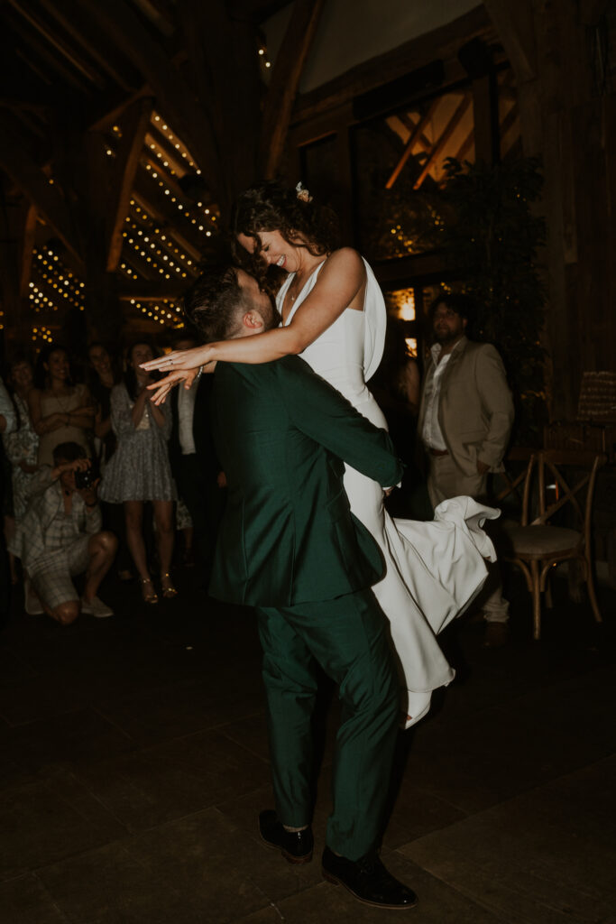 The bride and groom choreographed first dance at Tithe Barn